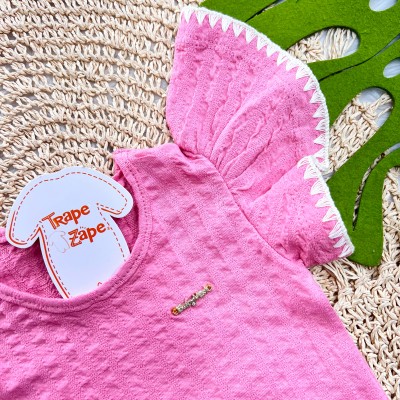 Conj. Blusa Mangas Maiores Crochê e Short - Rosa